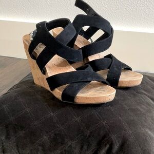 Adorable black suede strap 3 inch wedge sandals